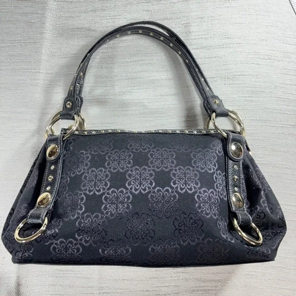 Kathy Van Zeeland Black Floral Jacquard Satchel Handbag Gold Heart Charm Studded - Picture 4 of 16